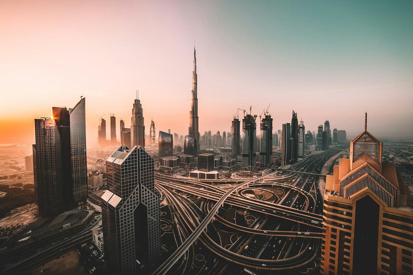 Dubai skyline with Burj Khalifa at sunrise